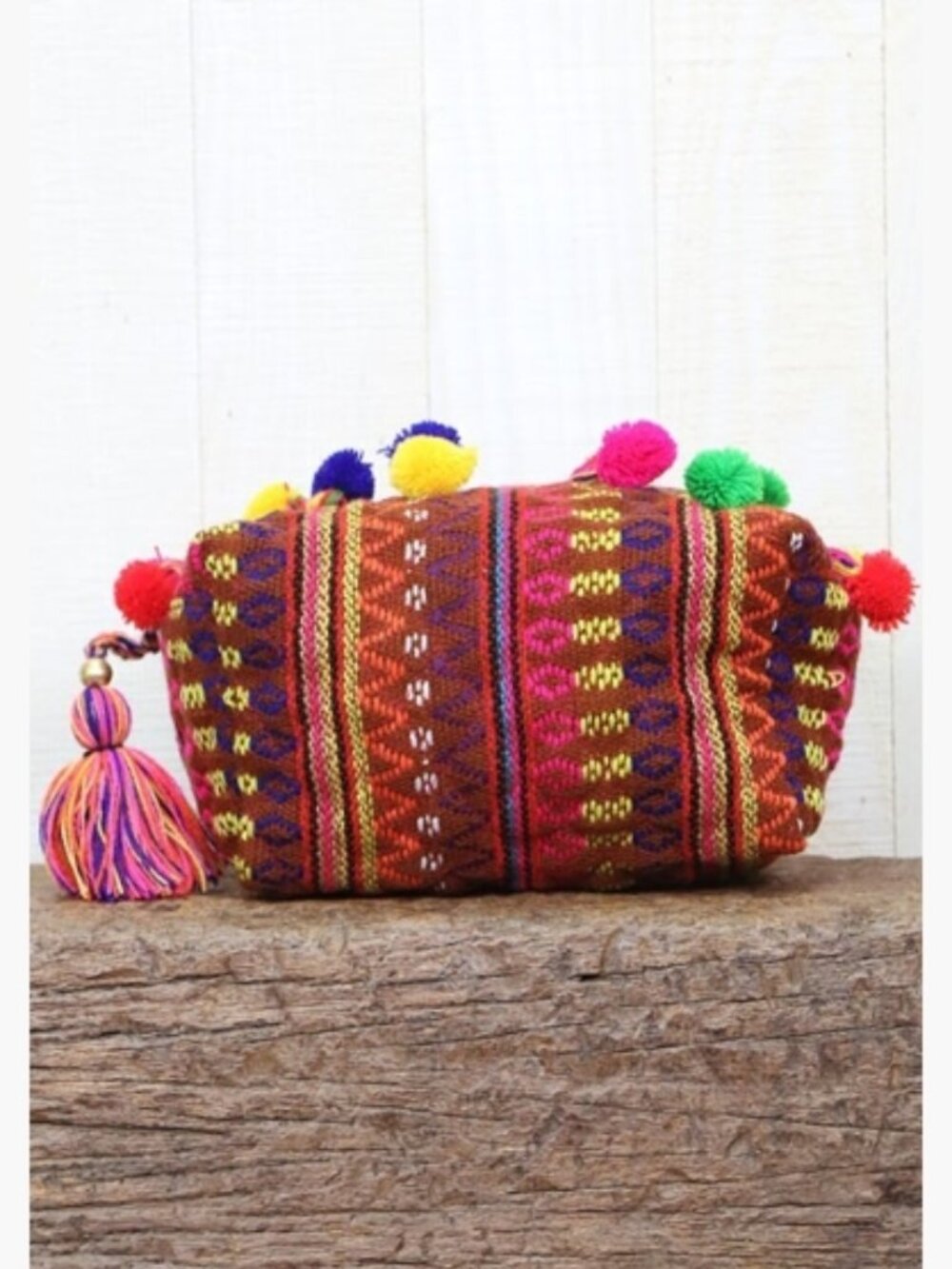 103 Navajo Inspired Rug Origami Makeup Bag W/Multi Color Pom Pom Trim